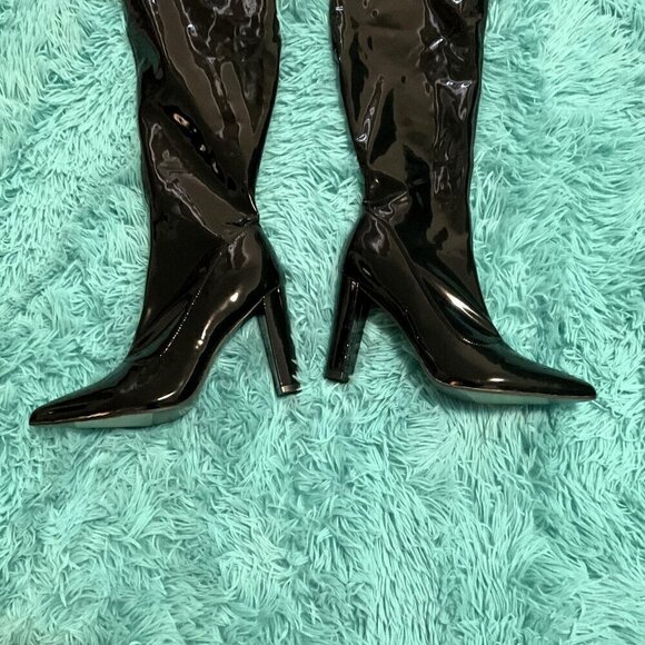 NEW WSKEISP HEELED OVER THE KNEE BOOTS PATENT LEATHER PU CHUNKY BLOCK HEEL (Flaw - Picture 5 of 16